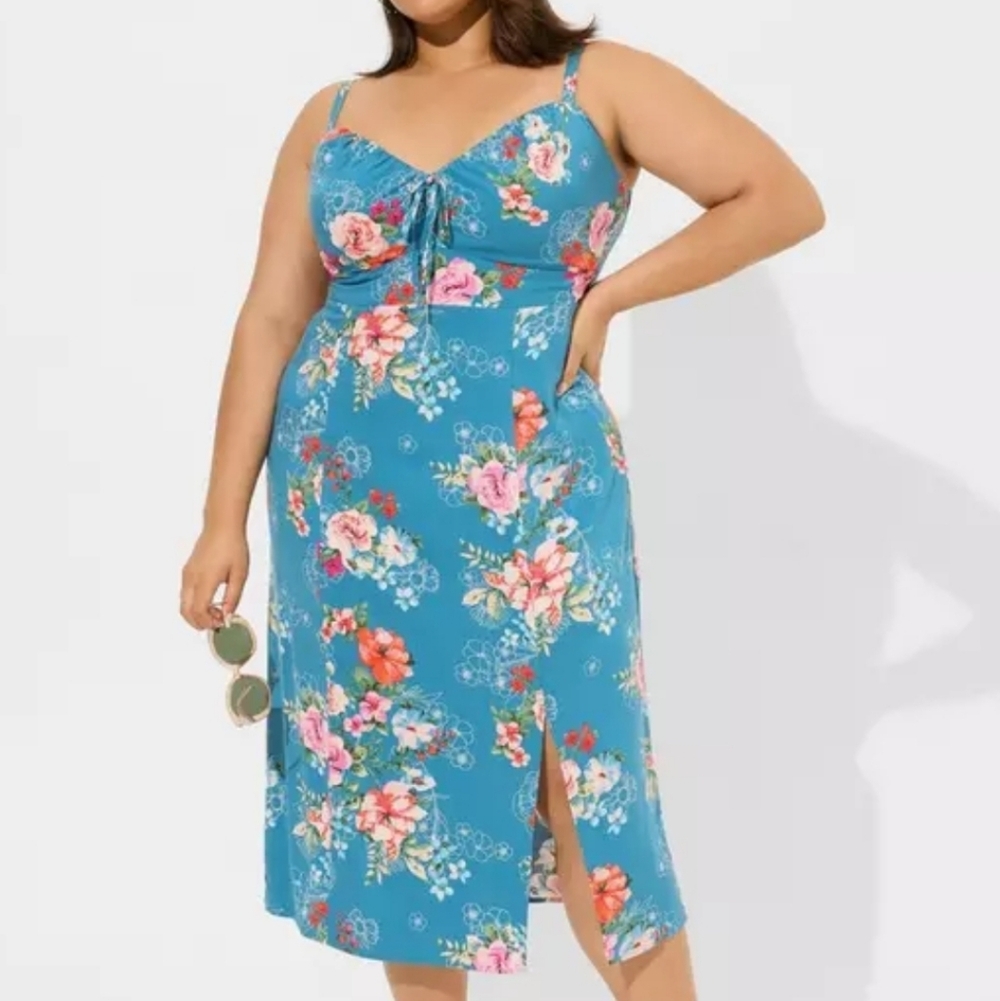 torrid teal floral slip dress with pink & coral blooms